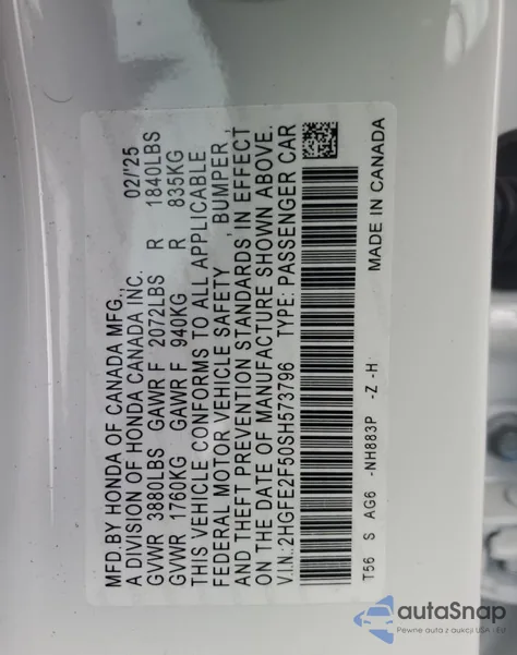 2025 Honda Civic Sport from USA, damaged, VIN 2HGFE2F50SH573796